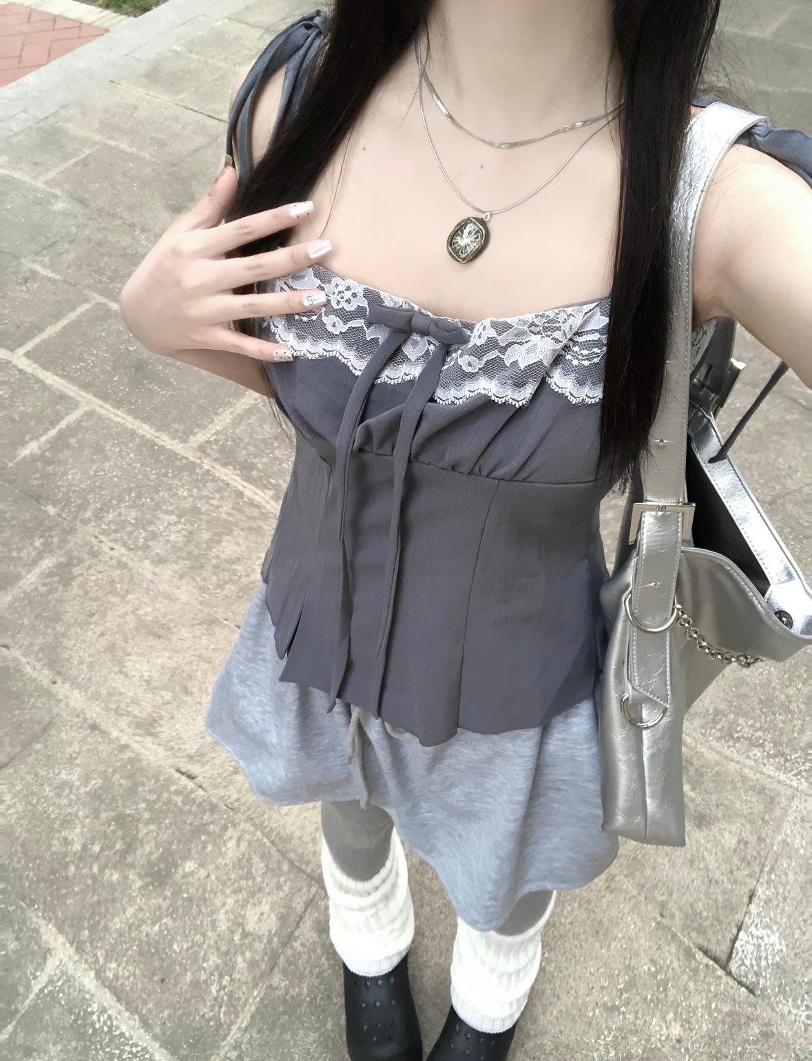 π Grey Siren Tie-Up Top