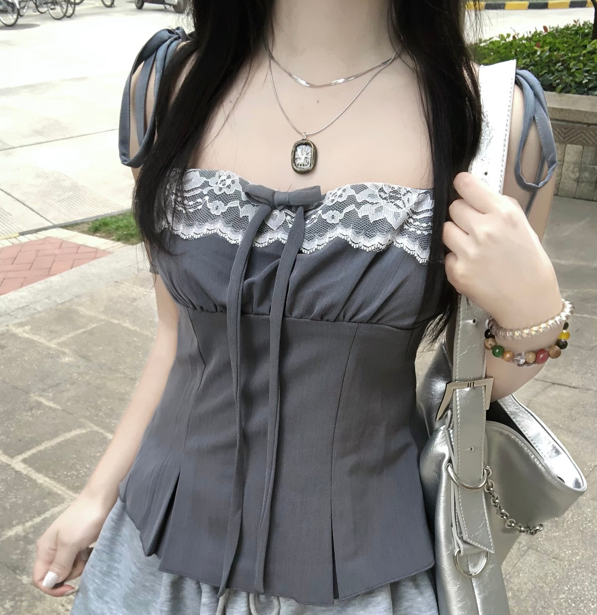 π Grey Siren Tie-Up Top