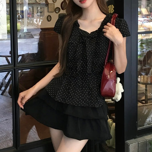 𐙚 Bowknot Polka Dot Pleated Top [Pre-Order]