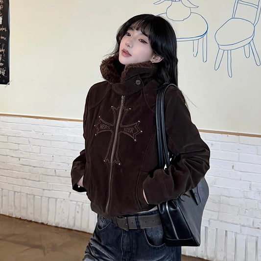 ♱ Cross Motif Suede Leather Jacket [Pre-Order]